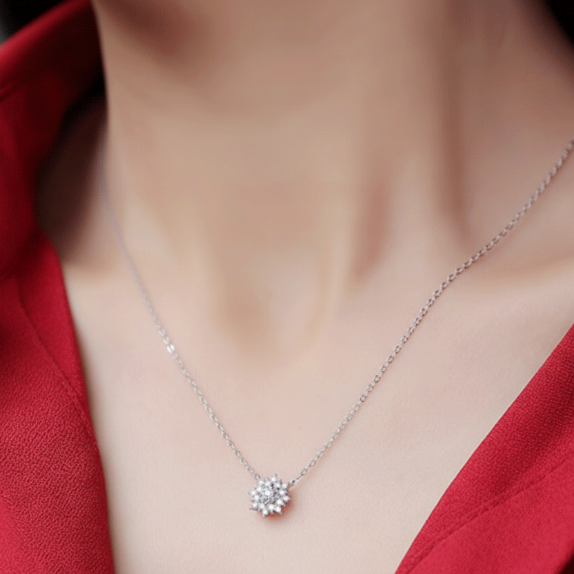 Fleur de Neige, 18k White Gold-Plated S925 Sterling Silver Moissanite Pendant Necklace