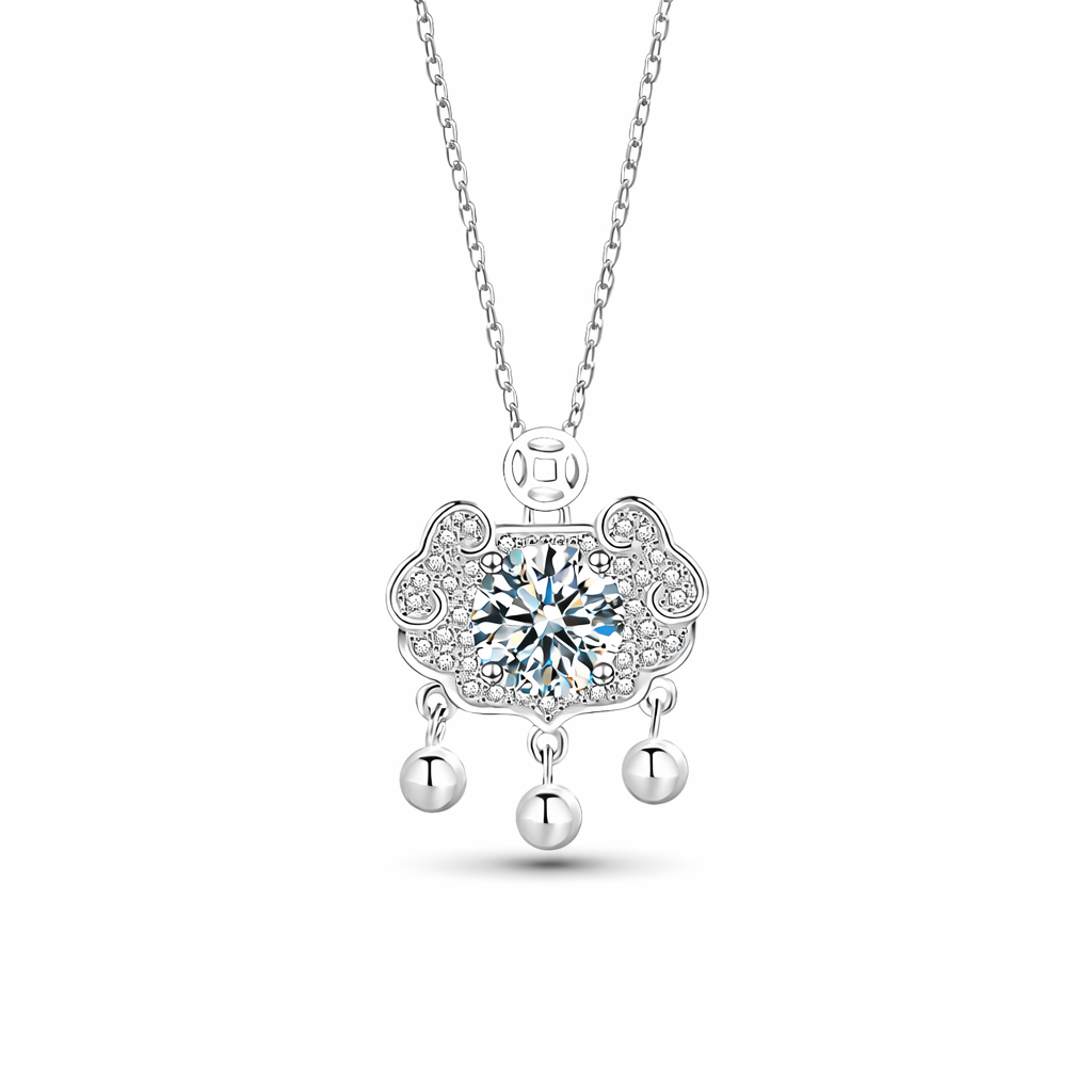 Ruyi Blessing, White Gold-Plated S925 Sterling Silver 1ct Moissanite Pendant Necklace
