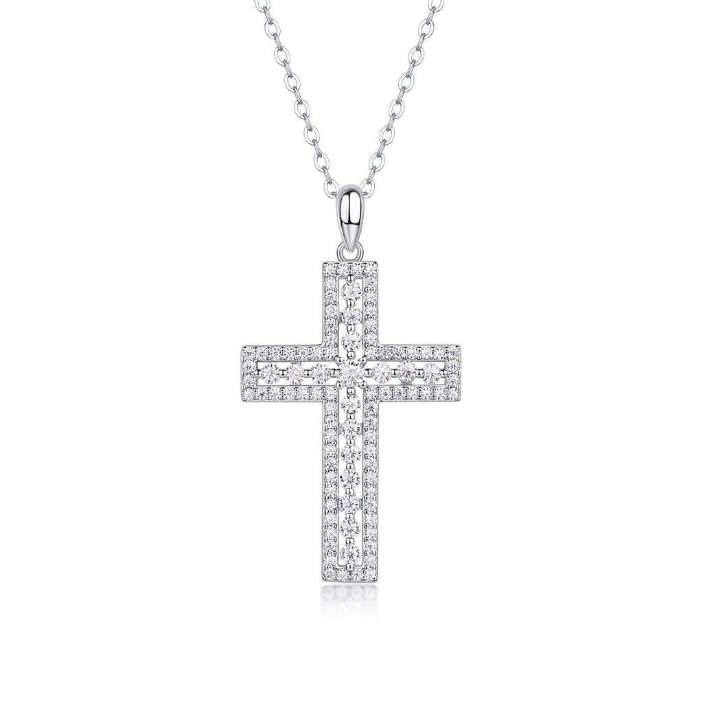 Voie Sacrée, 18K White Gold-Plated S925 Sterling Silver Moissanite Cross Pendant Necklace