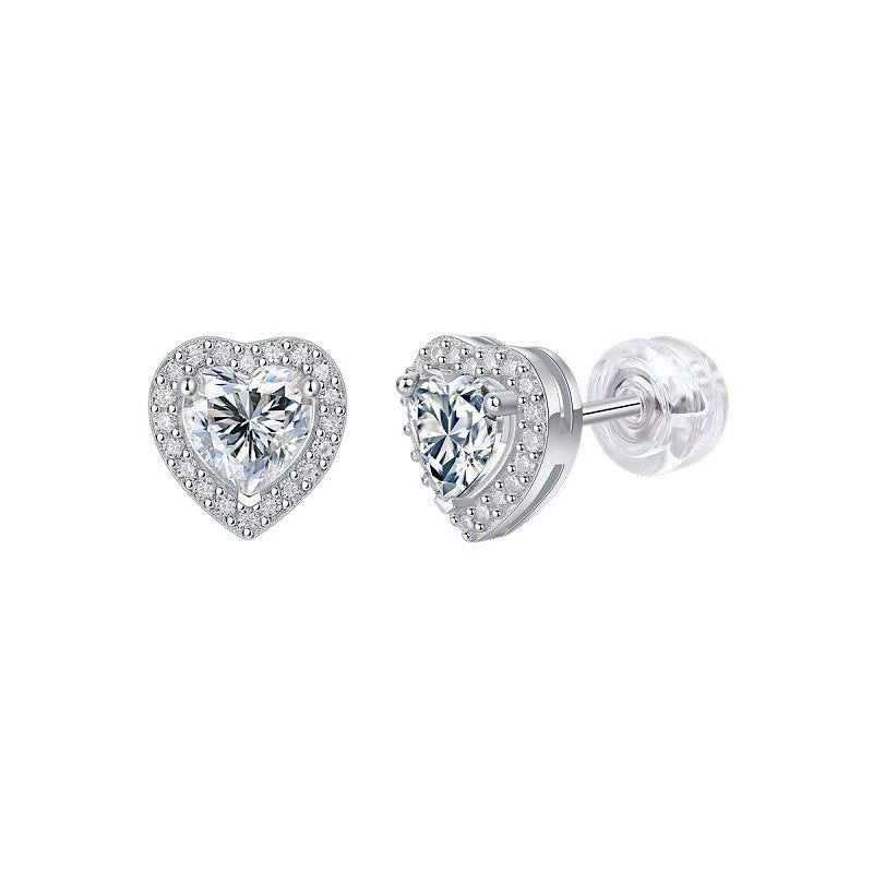 Cœur Halo, 18k White Gold-Plated S925 Sterling Silver Heart-Cut Moissanite Stud Earrings