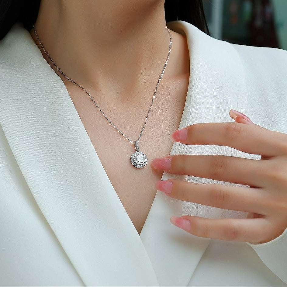 Halo de Lumière, 18K White Gold-Plated S925 Sterling Silver 2.0ct Moissanite Pendant Necklace