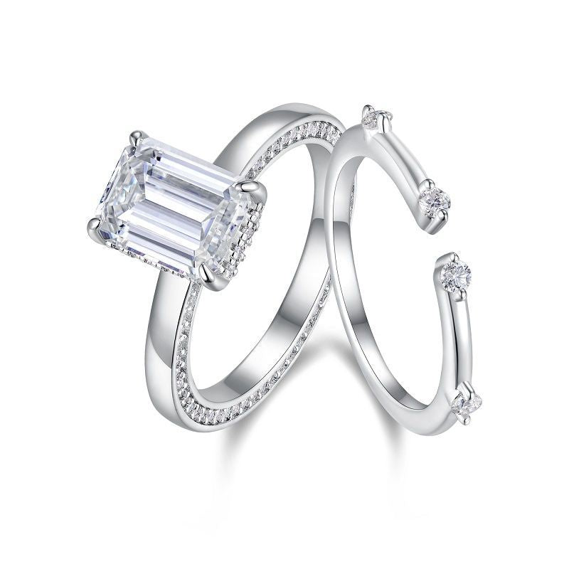 Équilibre Sculpté, 18k White Gold-Plated S925 Sterling Silver 2ct Moissanite Engagement Ring Set
