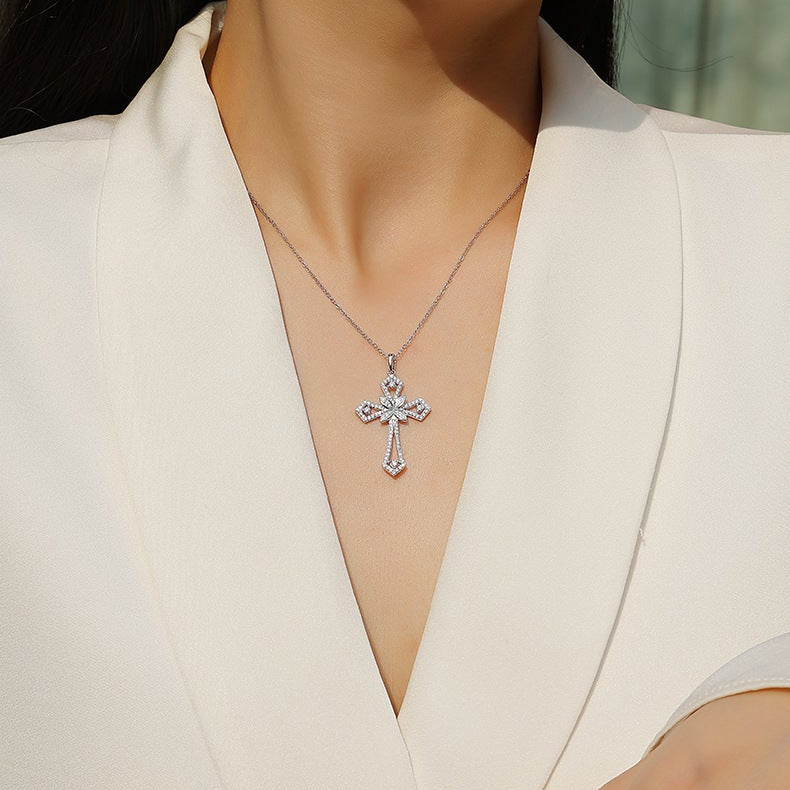 Fleur de Foi, 18K White Gold-Plated S925 Sterling Silver Moissanite Cross Pendant Necklace