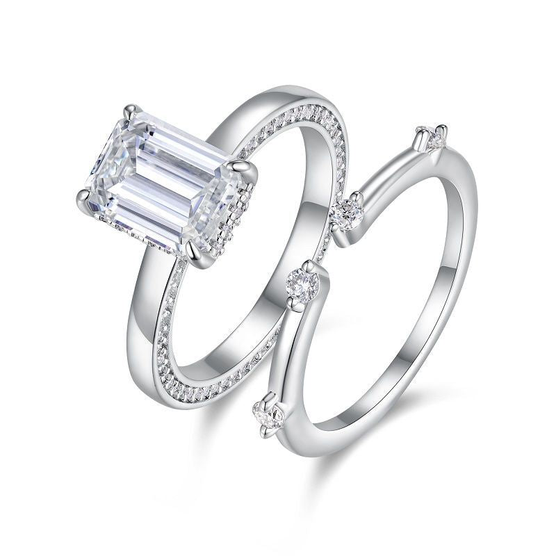 Équilibre Sculpté, 18k White Gold-Plated S925 Sterling Silver 2ct Moissanite Engagement Ring Set