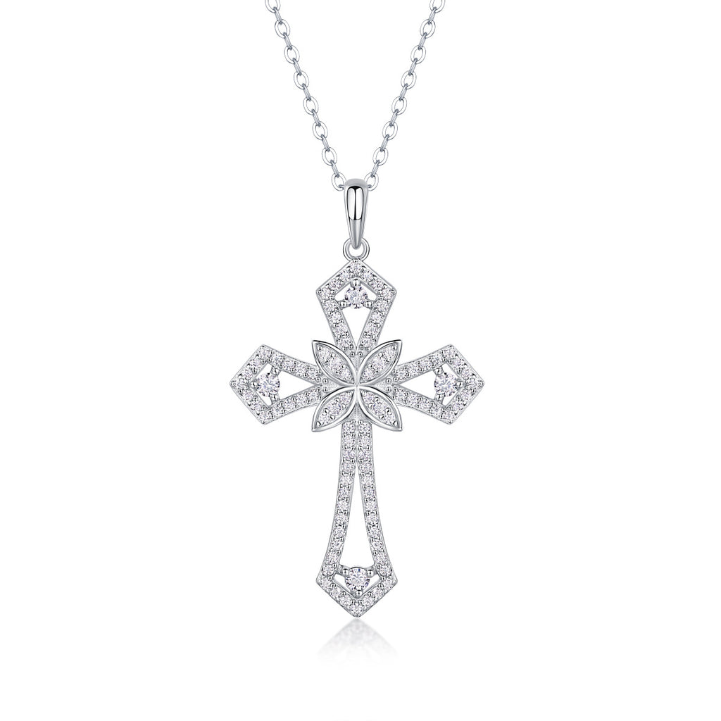 Fleur de Foi, 18K White Gold-Plated S925 Sterling Silver Moissanite Cross Pendant Necklace