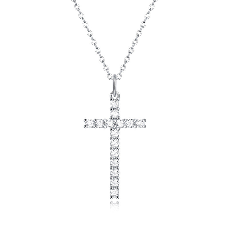 Chemin Clair, 18K White Gold-Plated S925 Sterling Silver Moissanite Cross Pendant Necklace