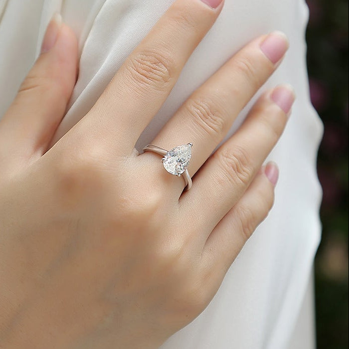 Poire Solitaire, 18k White Gold-Plated S925 Sterling Silver Moissanite Engagement Ring