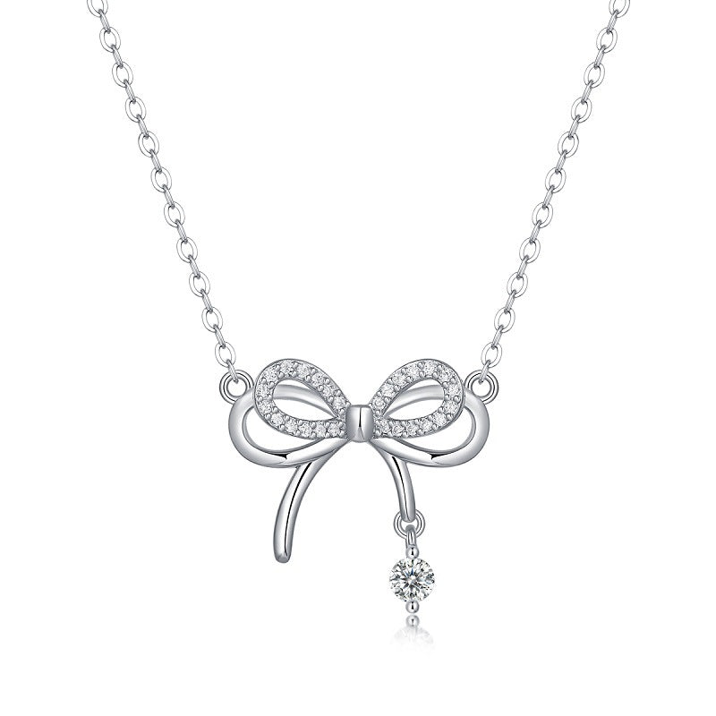 Nœud de Grâce, 18k White Gold-Plated S925 Sterling Silver 0.10ct Moissanite Pendant Necklace