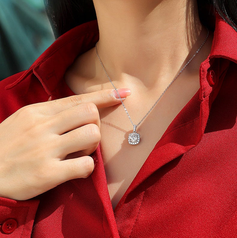 Éclat Carré, 18k White Gold-Plated S925 Sterling Silver Moissanite Pendant Necklace