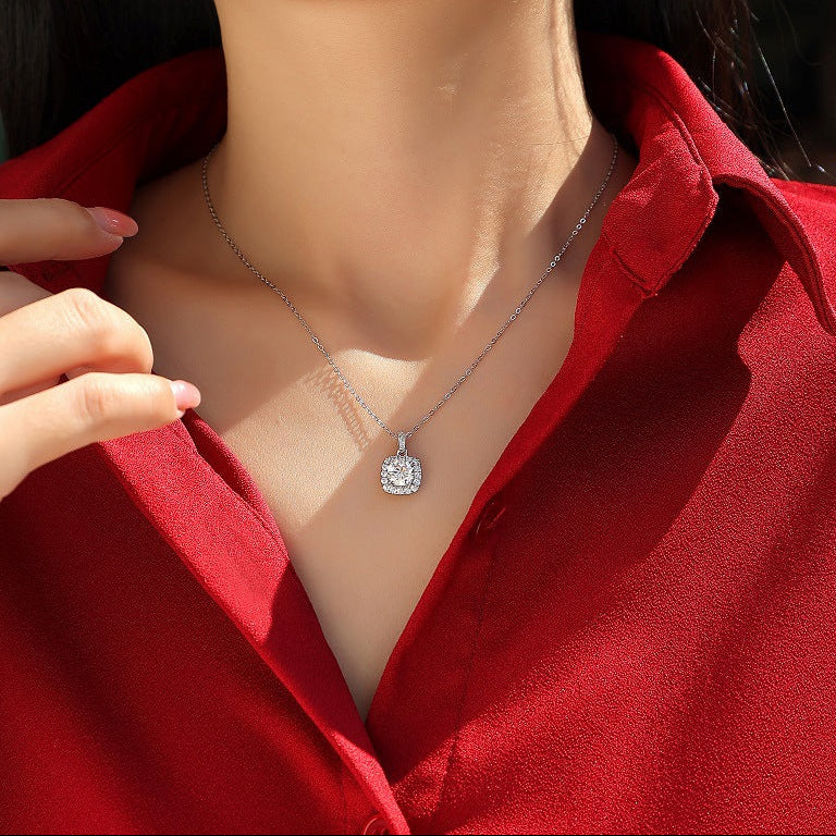Éclat Carré, 18k White Gold-Plated S925 Sterling Silver Moissanite Pendant Necklace
