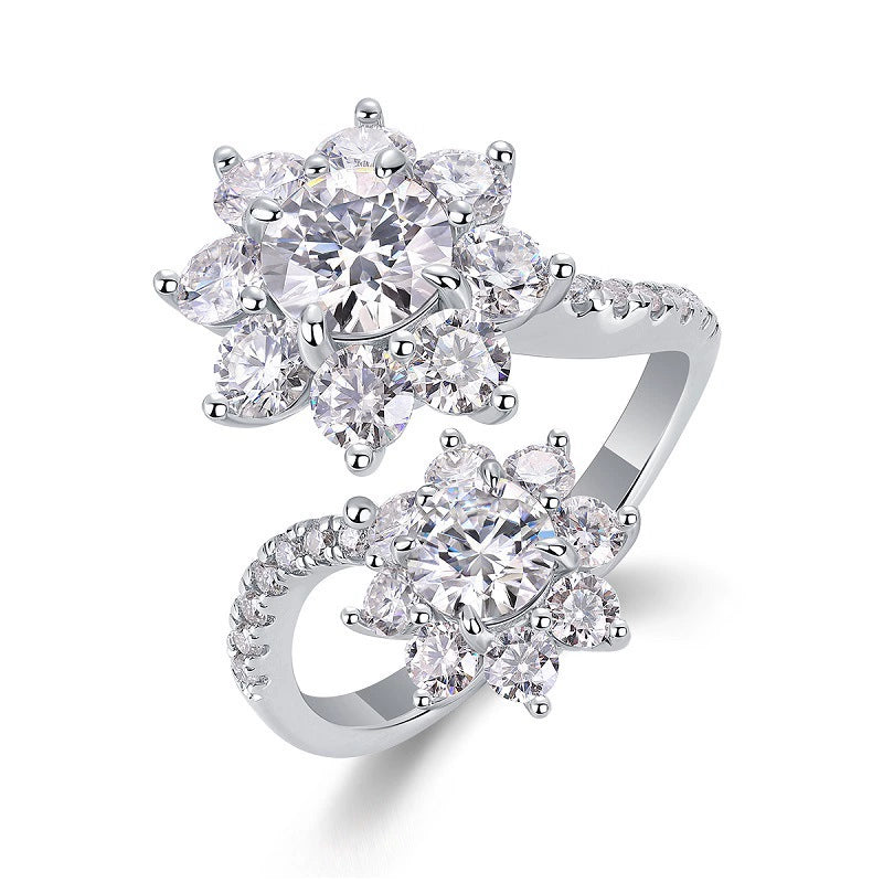 Fleur Double Éclat, 18k White Gold-Plated S925 Sterling Silver Moissanite Statement Ring