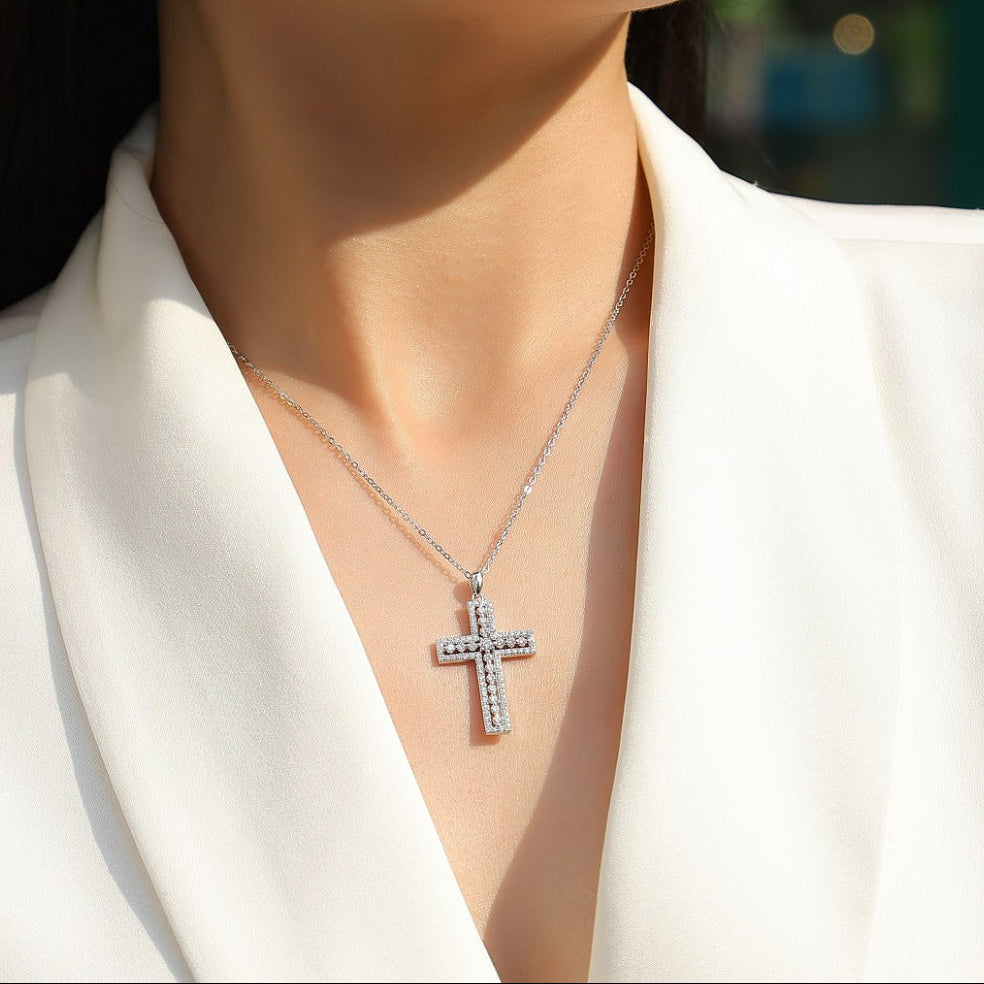 Voie Sacrée, 18K White Gold-Plated S925 Sterling Silver Moissanite Cross Pendant Necklace