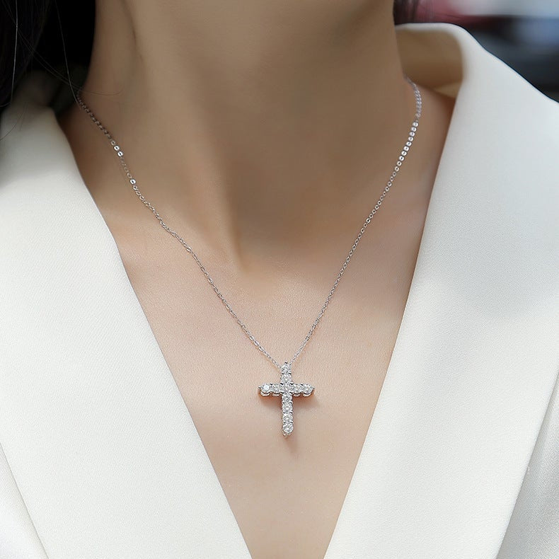 Croix Lumière, 18k White Gold-Plated S925 Sterling Silver 1.1ct Moissanite Pendant Necklace