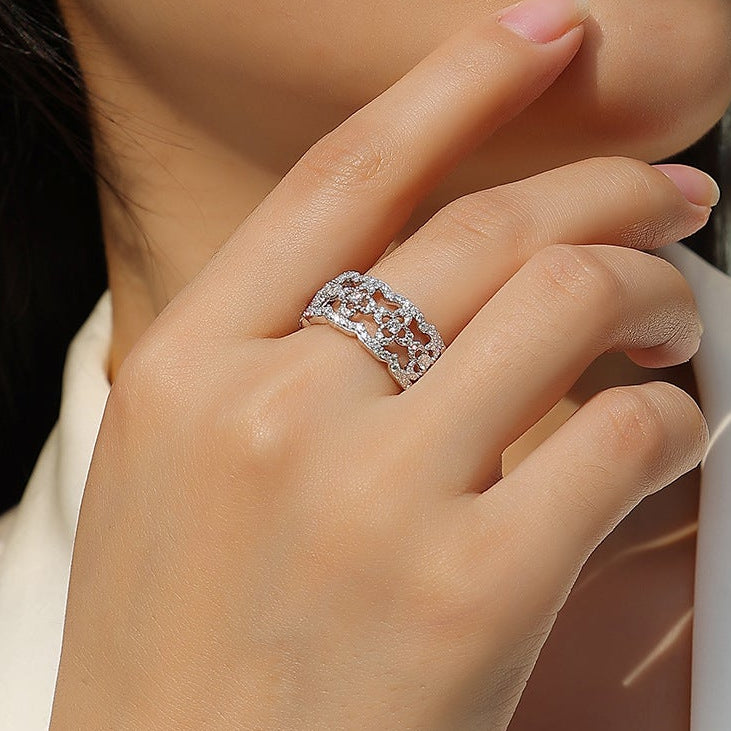 Dentelle Éternelle, 18k White Gold-Plated S925 Sterling Silver Moissanite Statement Ring