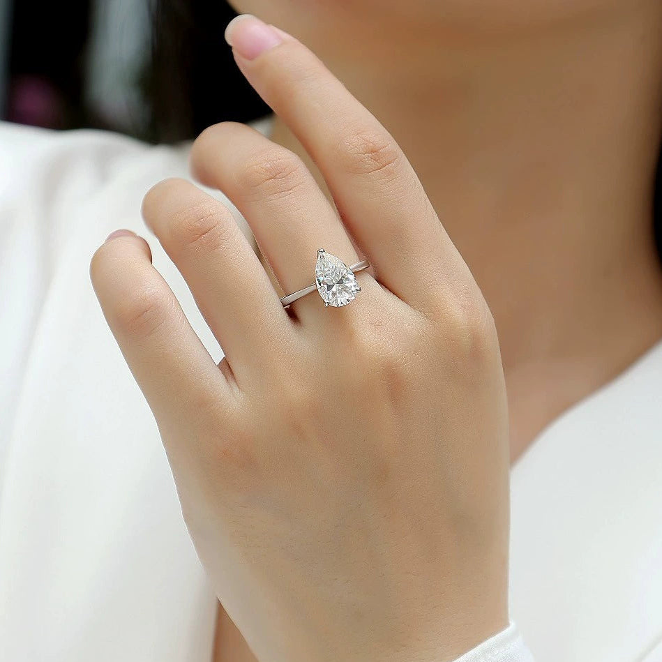 Poire Solitaire, 18k White Gold-Plated S925 Sterling Silver Moissanite Engagement Ring