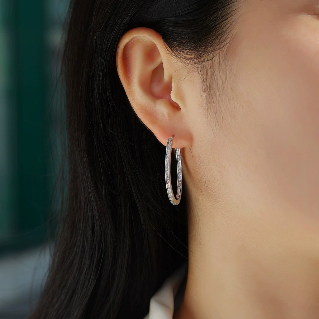 Lune Majesté, 18k White Gold-Plated S925 Sterling Silver Moissanite Pavé Hoop Earrings