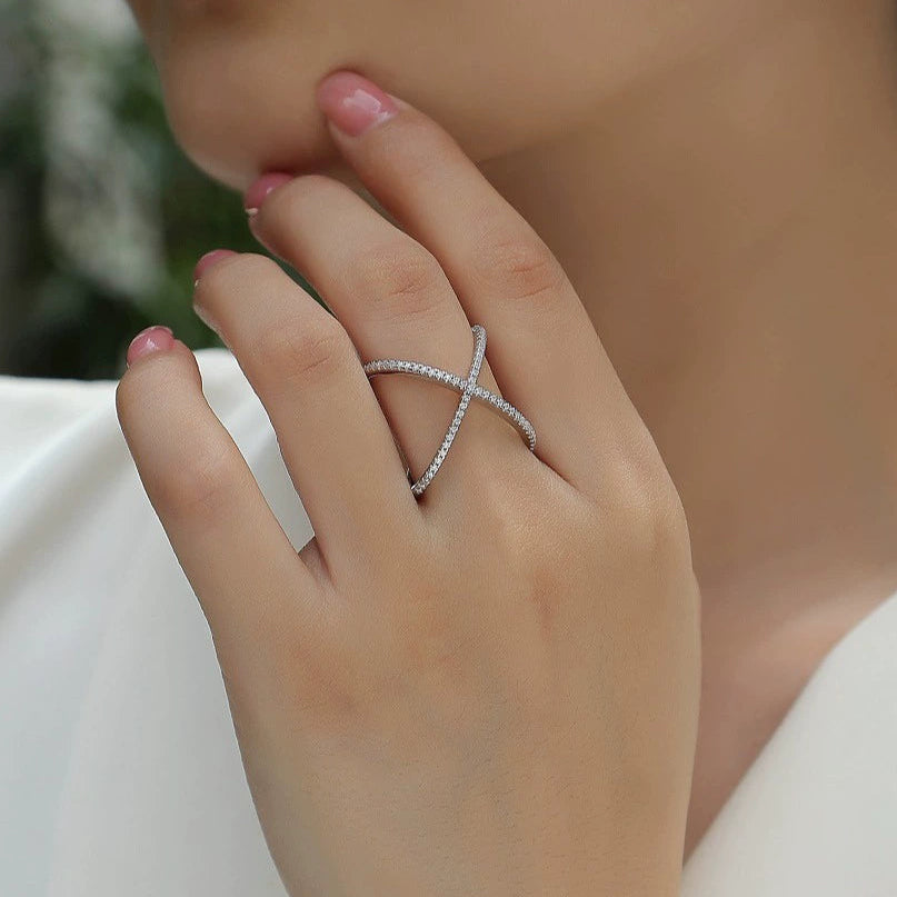 Ligne Croisée, 18k White Gold-Plated S925 Sterling Silver Moissanite Fashion Rings