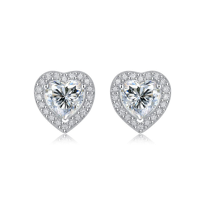 Cœur Halo, 18k White Gold-Plated S925 Sterling Silver Heart-Cut Moissanite Stud Earrings