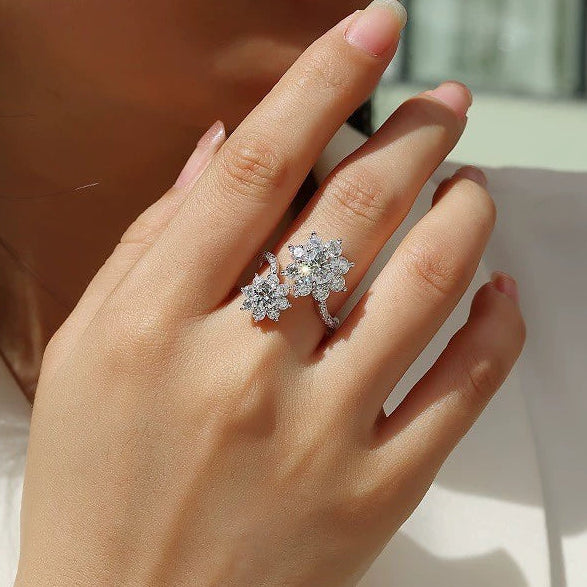 Fleur Double Éclat, 18k White Gold-Plated S925 Sterling Silver Moissanite Statement Ring