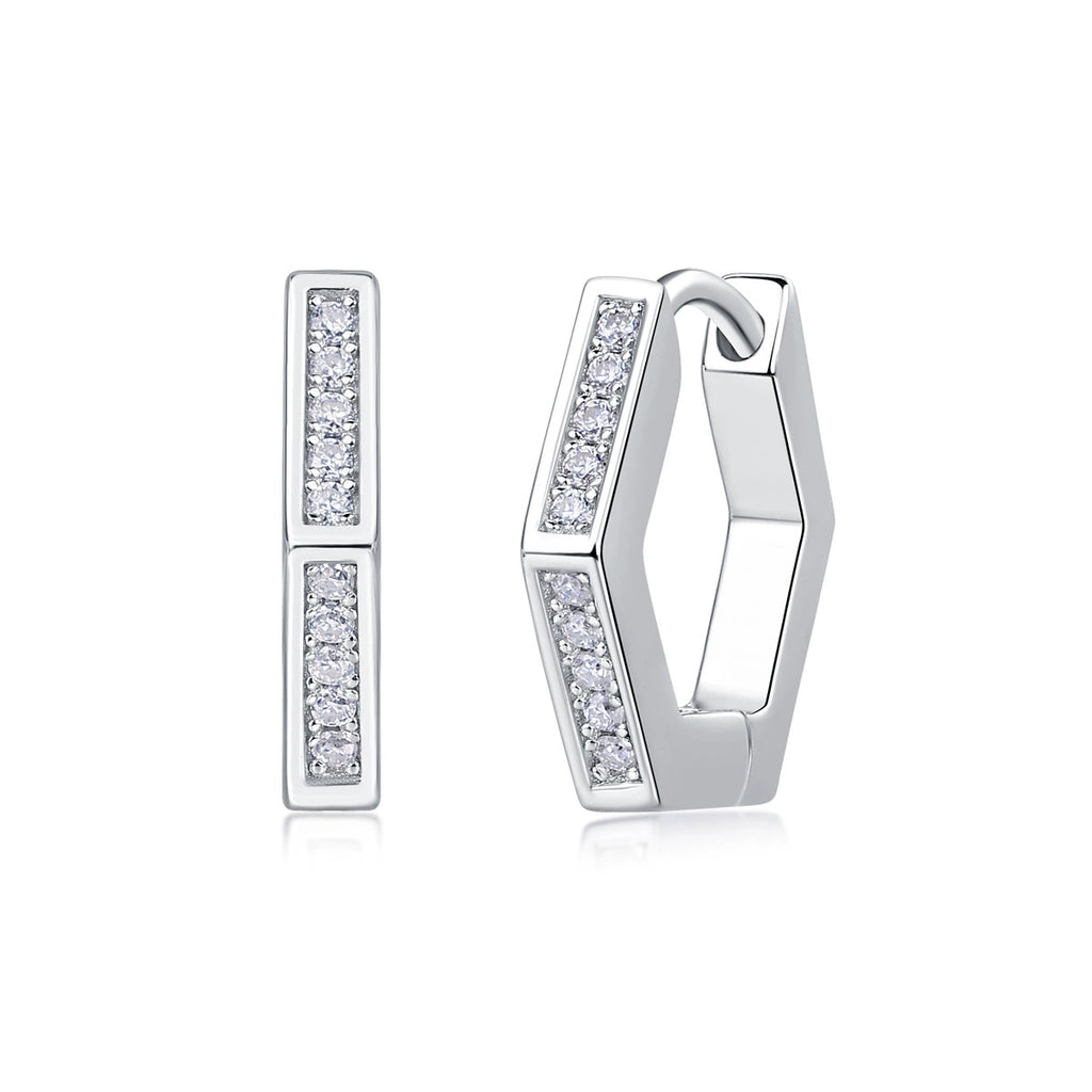 Hexa Lumière, 18k White Gold-Plated S925 Sterling Silver Pavé Hexagon Hoop Earrings