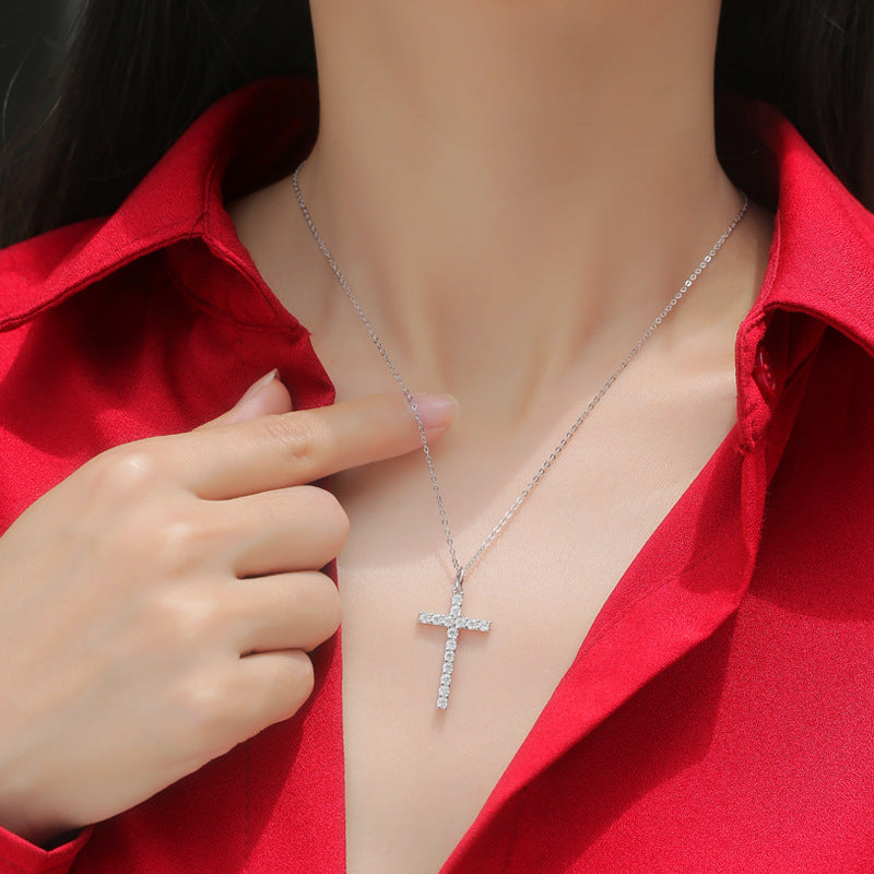 Chemin Clair, 18K White Gold-Plated S925 Sterling Silver Moissanite Cross Pendant Necklace
