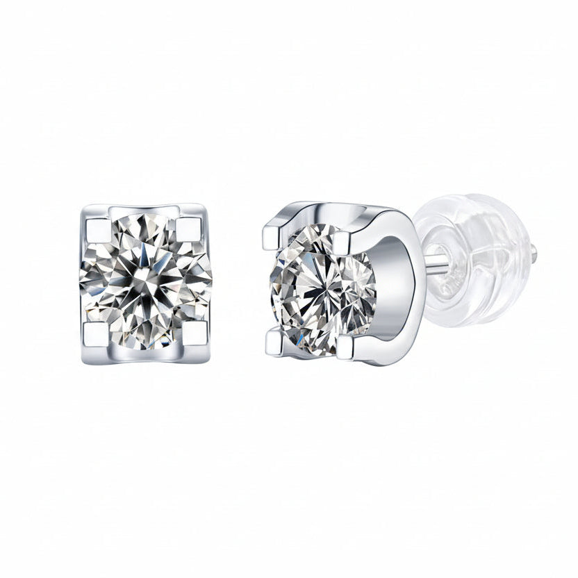 Carré Lumière, 18k White Gold–Plated S925 Sterling Silver 1ct / 2ct Moissanite Stud Earrings