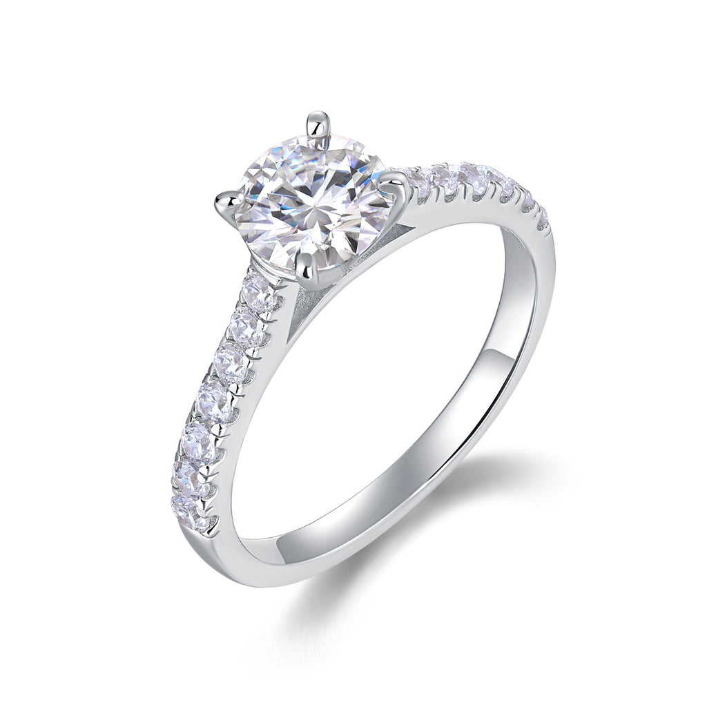 Clarté Éternelle, 18k White Gold-Plated S925 Sterling Silver 1ct Moissanite Engagement Ring