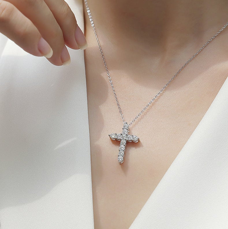 Croix Lumière, 18k White Gold-Plated S925 Sterling Silver 1.1ct Moissanite Pendant Necklace
