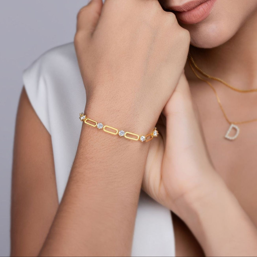 Éclat Lien, 18k Yellow Gold-Plated S925 Sterling Silver Moissanite Link Bracelet