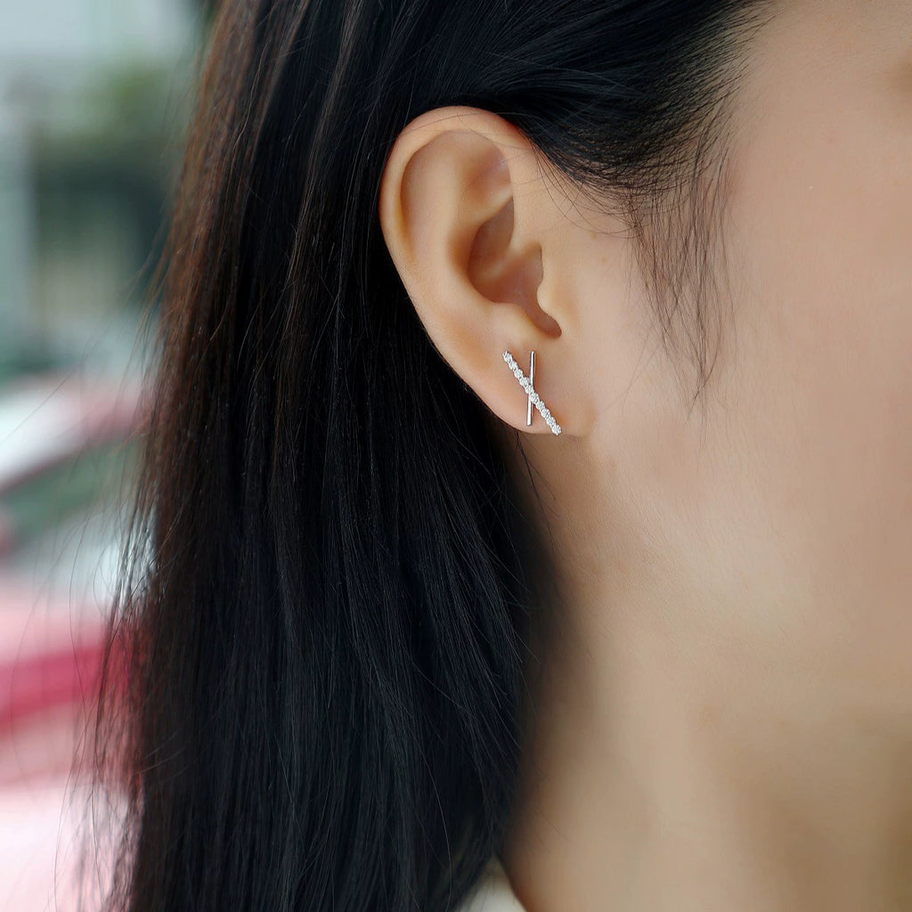 Étoile Croisée, 18k White Gold-Plated S925 Sterling Silver Moissanite X Bar Earrings
