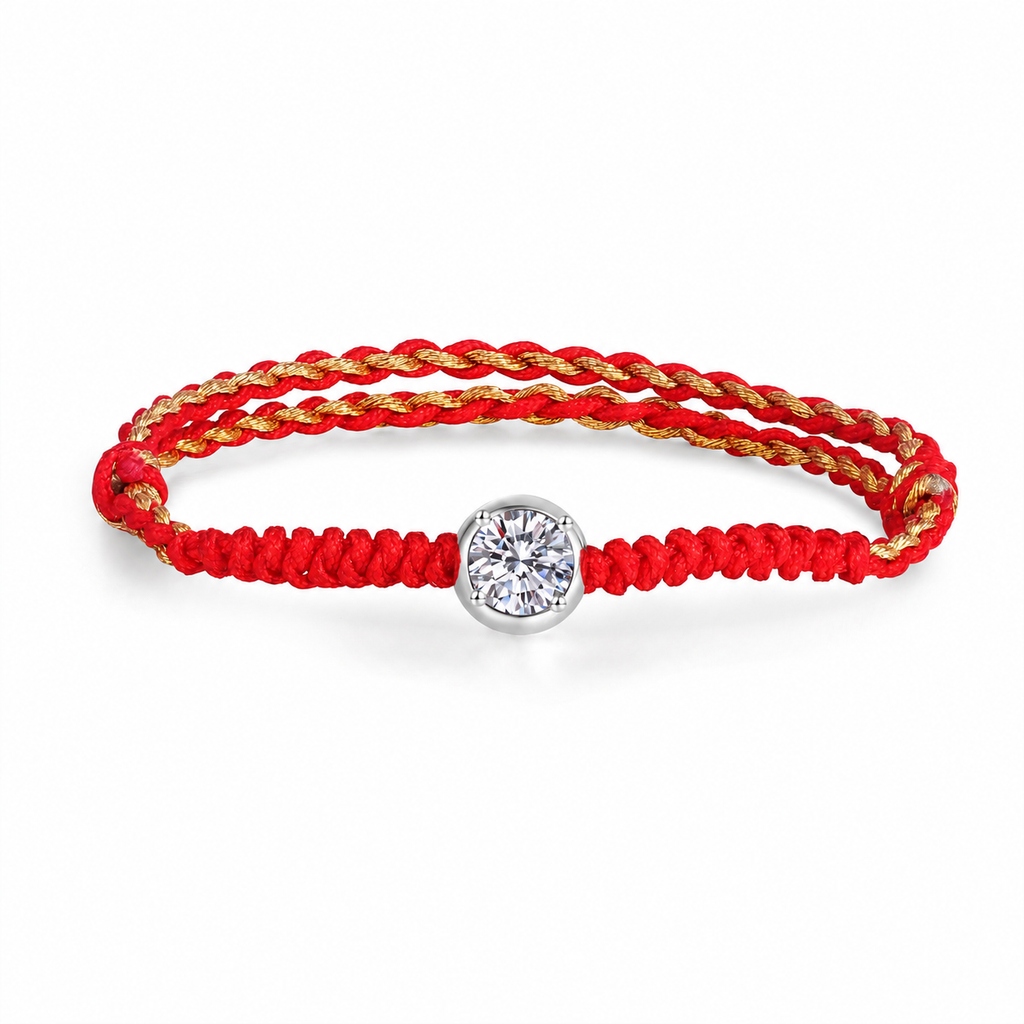 Red Cord Moissanite Bracelet in white Gold-Plated S925 Sterling Silver white background product photo
