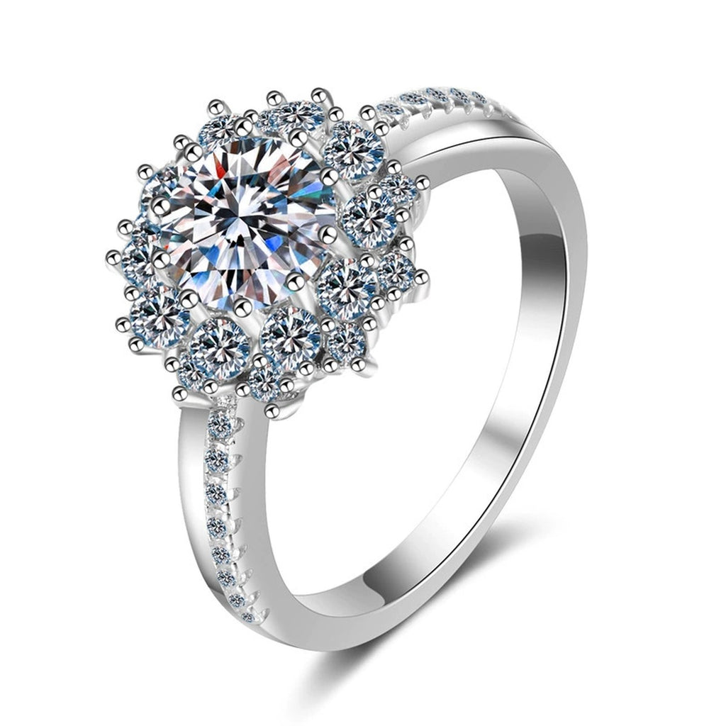 Round Moissanite Halo Engagement Ring with CZ in rhodium-plated S925 sterling silver on clean white background