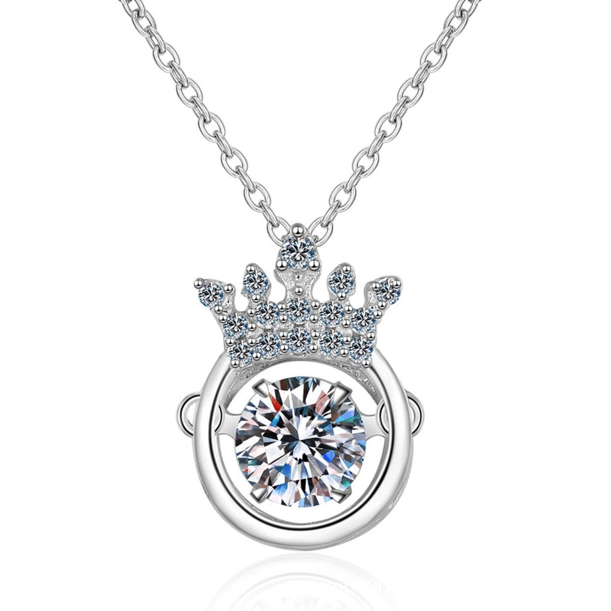 Crown Halo Moissanite Pendant Necklace with CZ in Rhodium-Plated S925 sterling silver on white background showing pendant shape and round moissanite