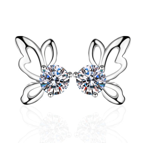 Butterfly Moissanite Stud Earrings in Rhodium-Plated S925 Sterling Silver on clean white background showing the pair, setting, and stud earrings silhouette