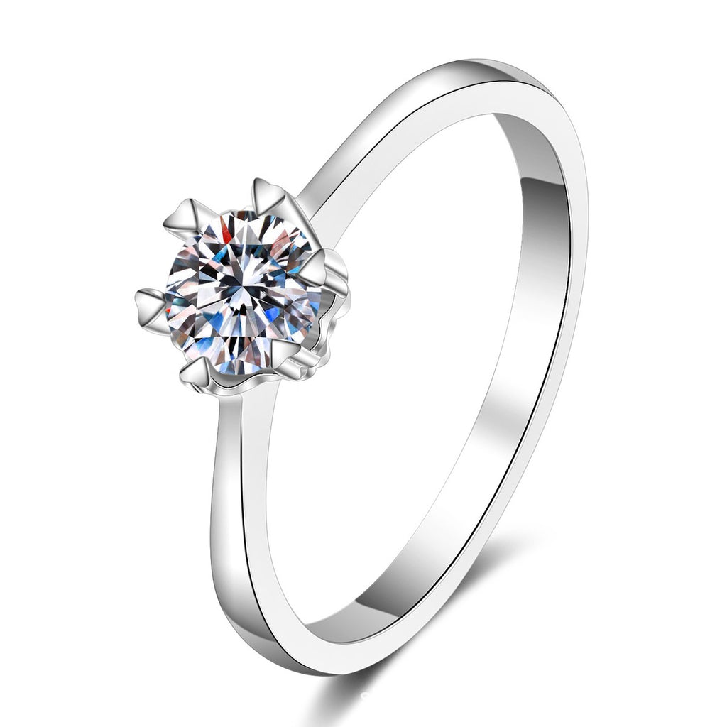 Round Moissanite Adjustable Three Stone Ring in rhodium-plated S925 sterling silver on clean white background