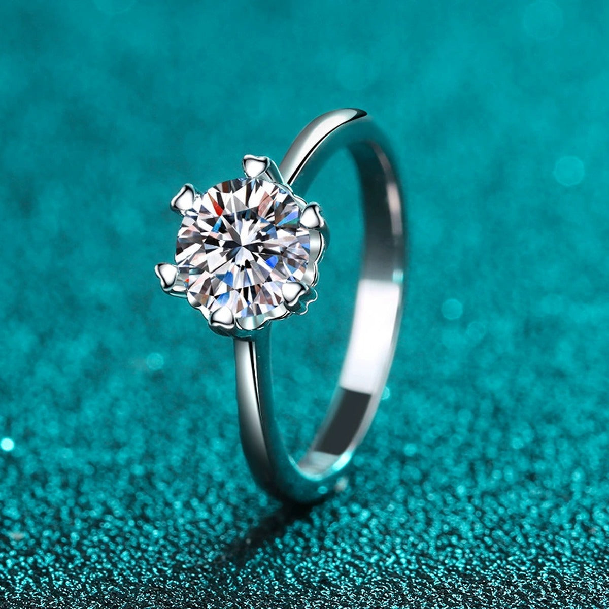 Round Moissanite Adjustable Three Stone Ring product view showing moissanite setting and metal finish