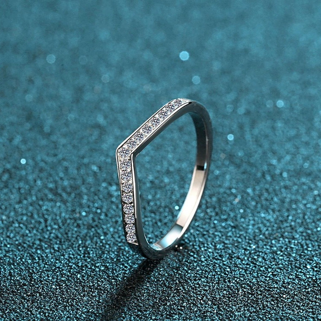 Slim Moissanite Band Ring product view showing moissanite setting and rhodium finish