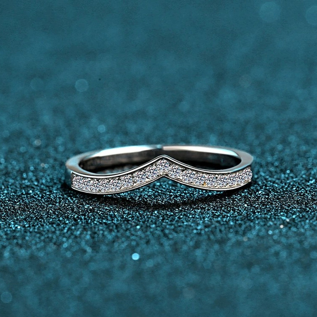 Slim Moissanite Band Ring product view showing moissanite setting and rhodium finish