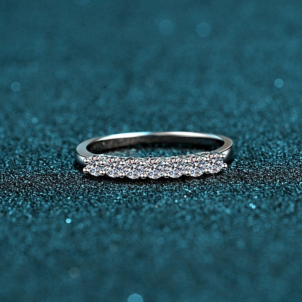 Curved Pave Moissanite Band Ring product view showing moissanite setting and rhodium finish