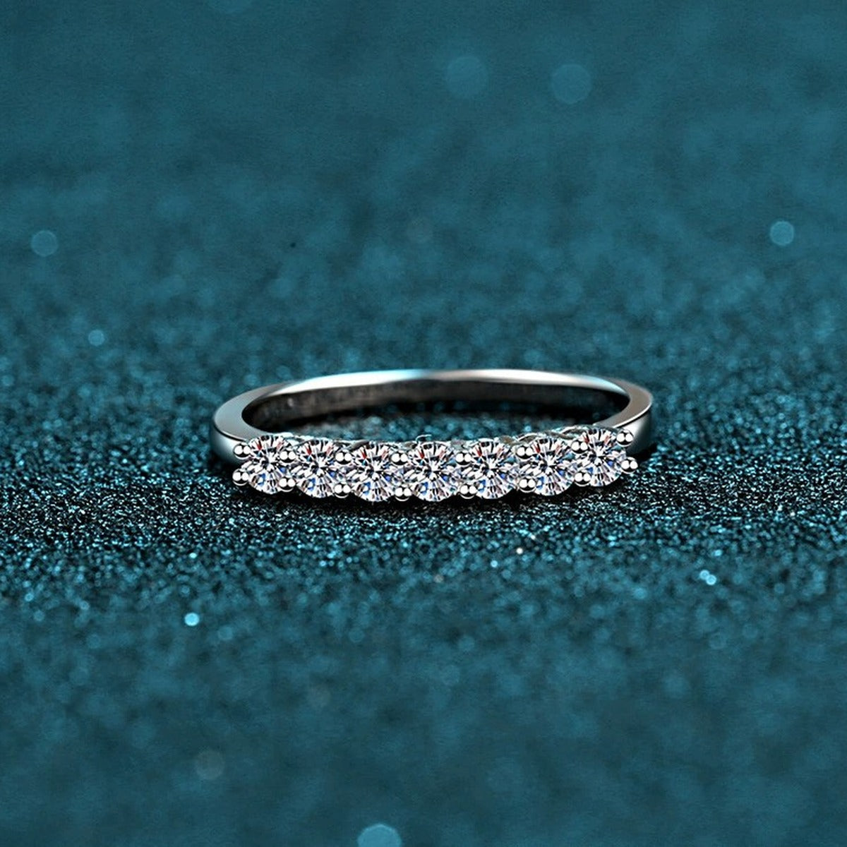 Curved Pave Moissanite Band Ring product view showing moissanite setting and rhodium finish