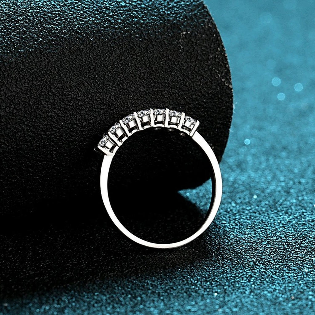 Curved Pave Moissanite Band Ring product view showing moissanite setting and rhodium finish