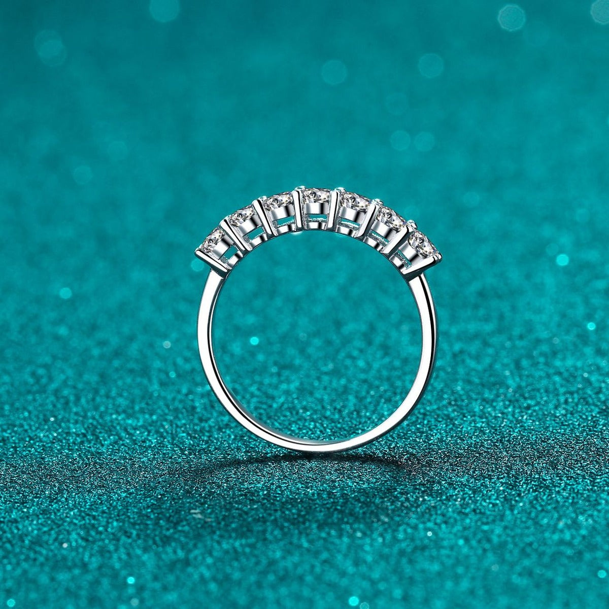 Curved Pave Moissanite Band Ring product view showing moissanite setting and rhodium finish