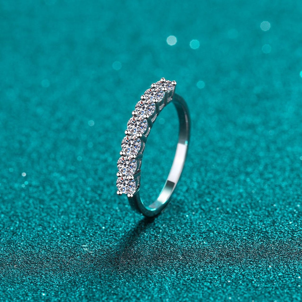 Curved Pave Moissanite Band Ring product view showing moissanite setting and rhodium finish