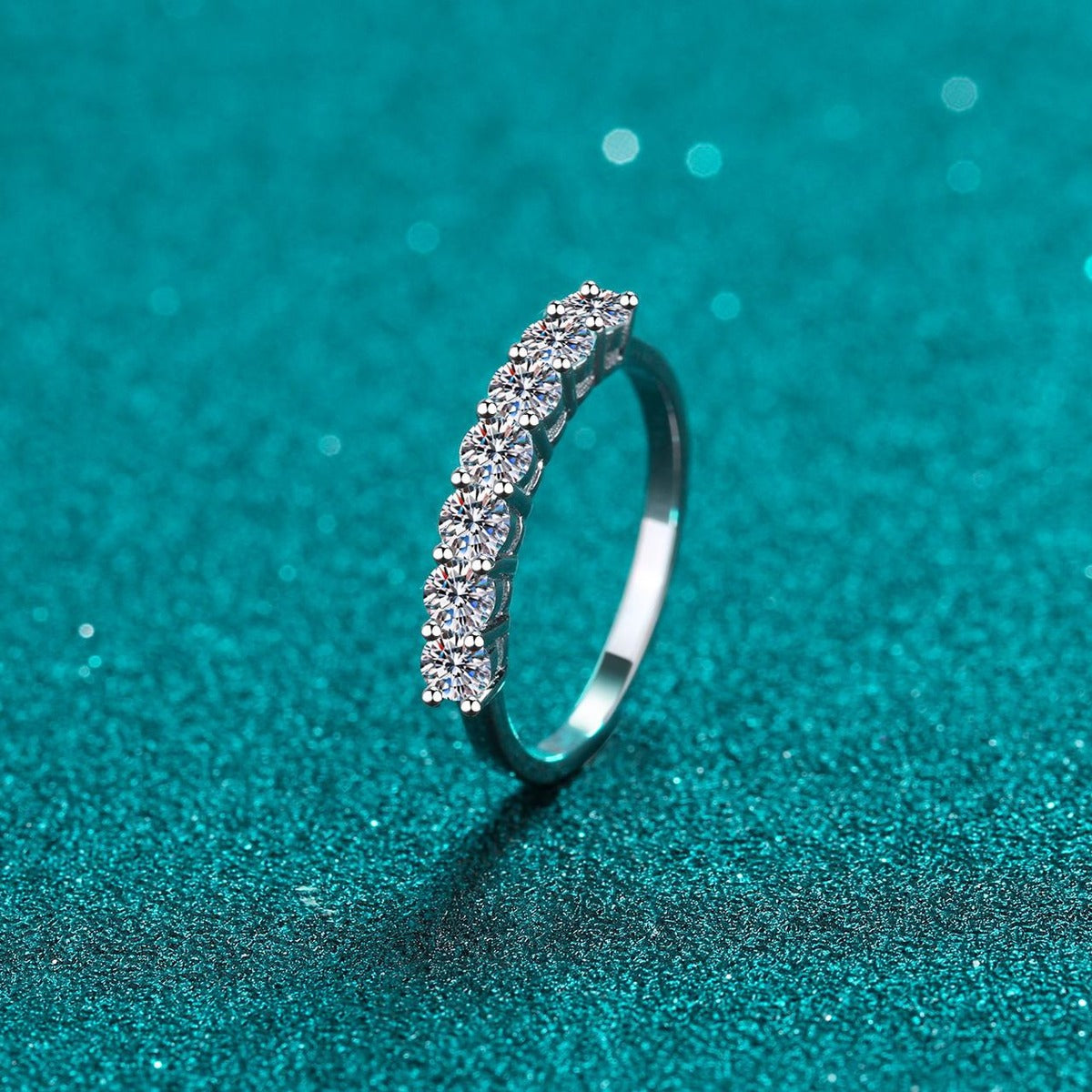 Curved Pave Moissanite Band Ring product view showing moissanite setting and rhodium finish