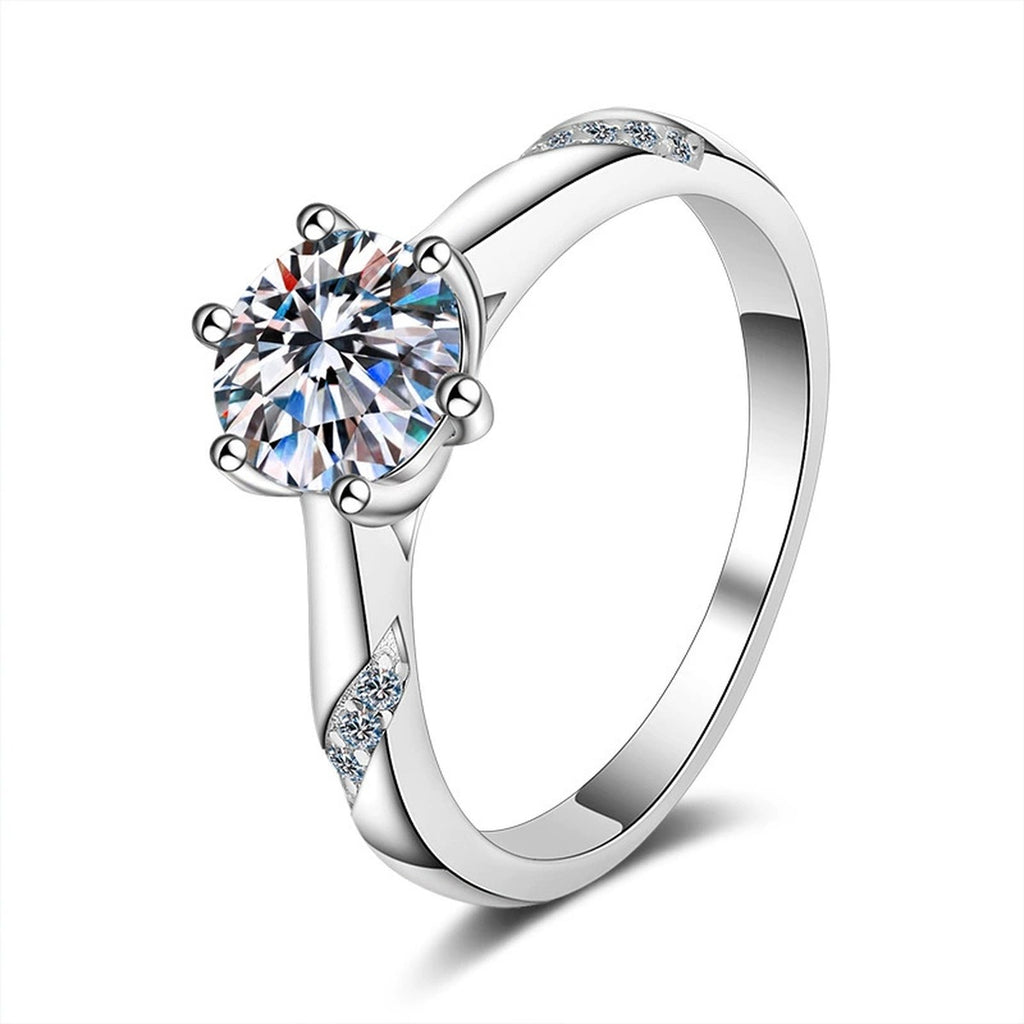 Round Moissanite Solitaire Ring in rhodium-plated S925 sterling silver on clean white background
