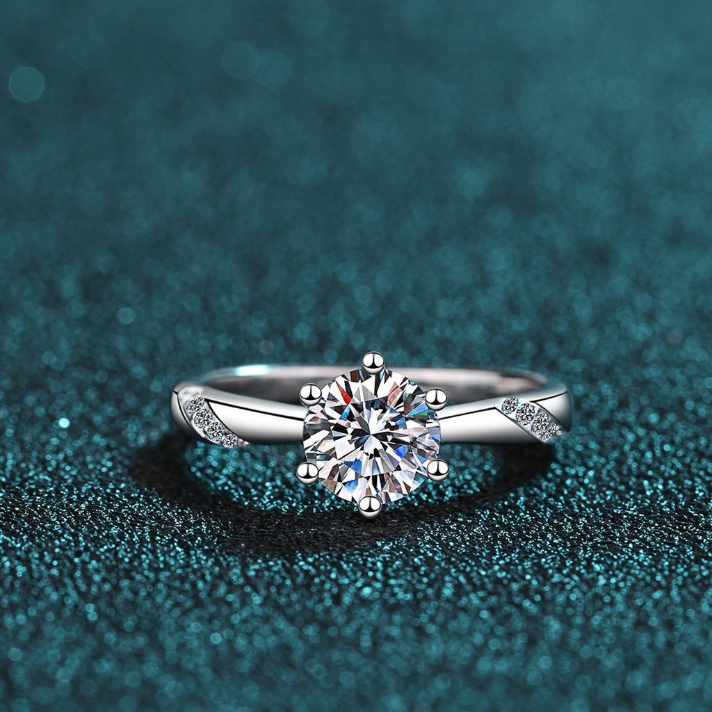 Round Moissanite Solitaire Ring product view showing moissanite setting and rhodium finish
