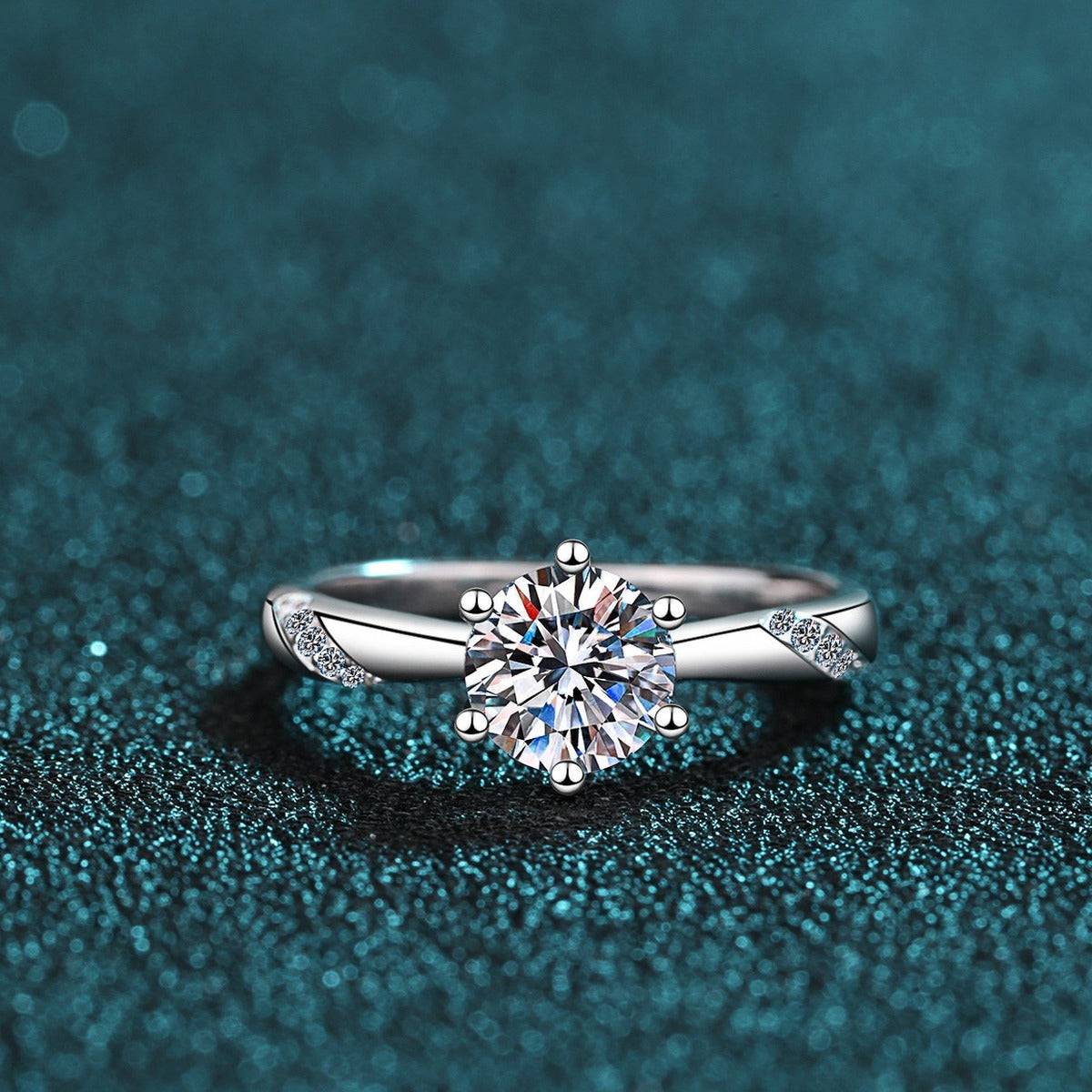 Round Moissanite Solitaire Ring product view showing moissanite setting and rhodium finish
