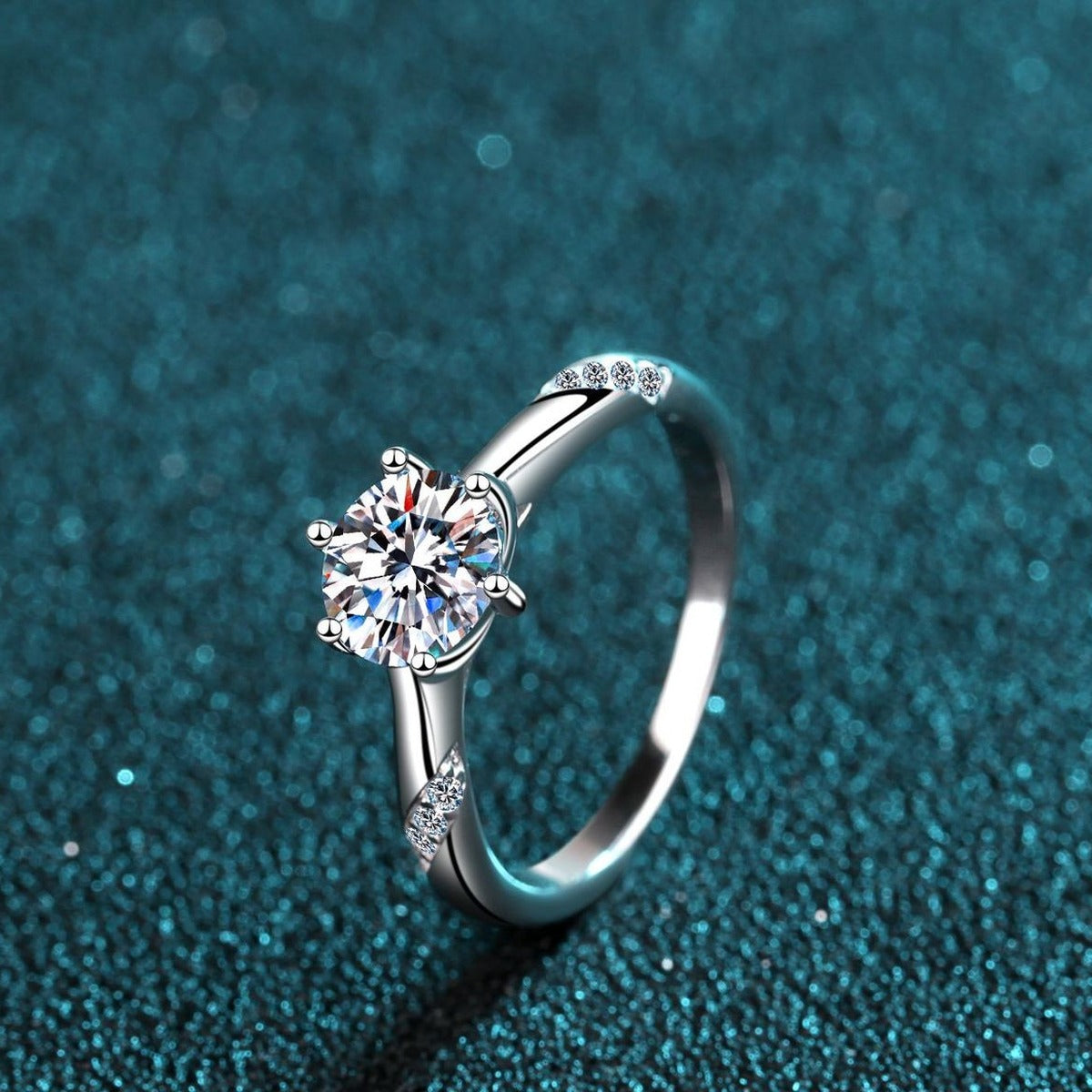 Round Moissanite Solitaire Ring product view showing moissanite setting and rhodium finish