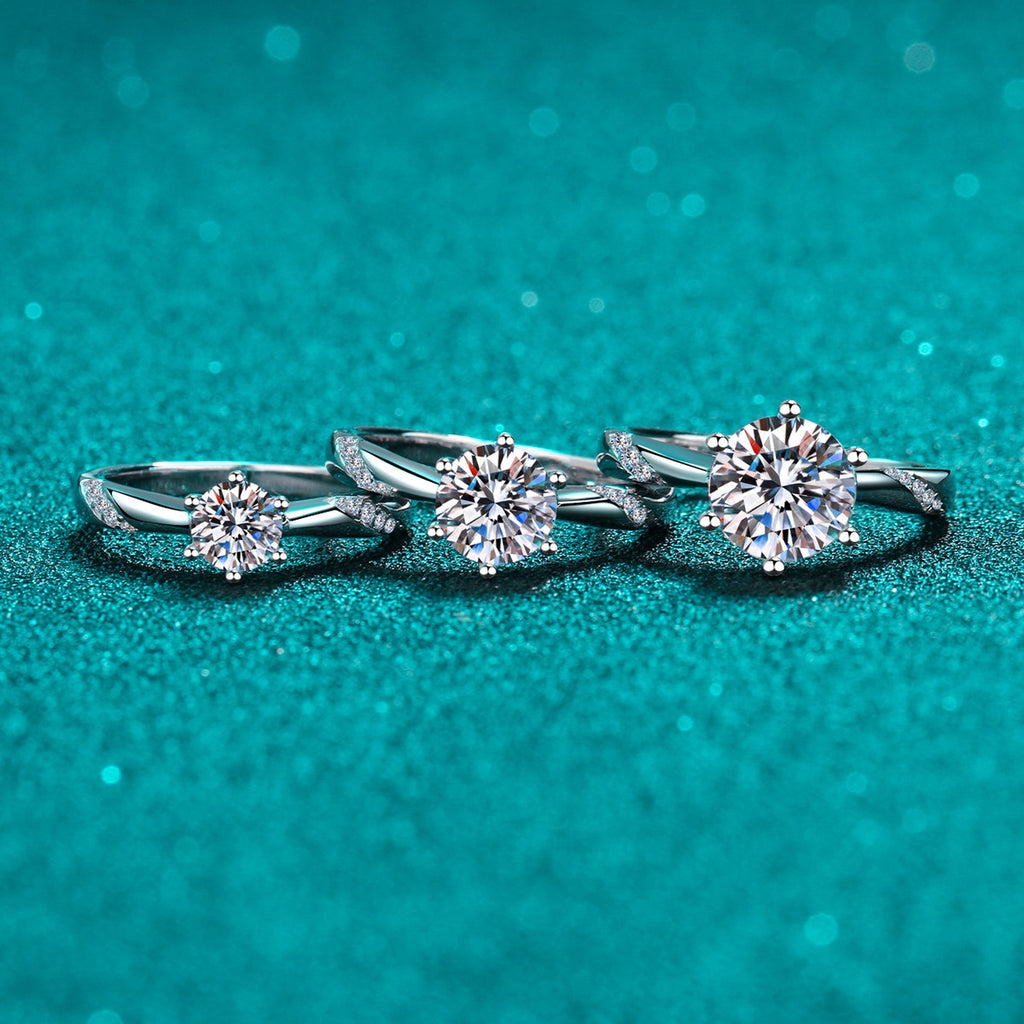 Round Moissanite Solitaire Ring product view showing moissanite setting and rhodium finish