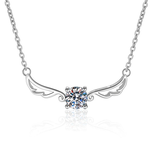 Angel Wing Moissanite Pendant Necklace in Rhodium-Plated S925 sterling silver on white background showing pendant shape and round moissanite